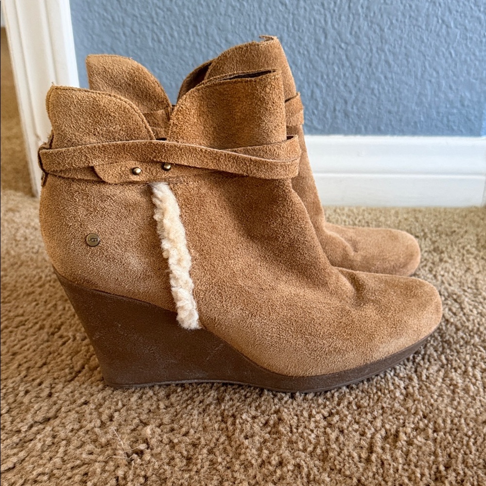 UGG Tan Suede Wedge Ankle Boots with Shearling Trim
